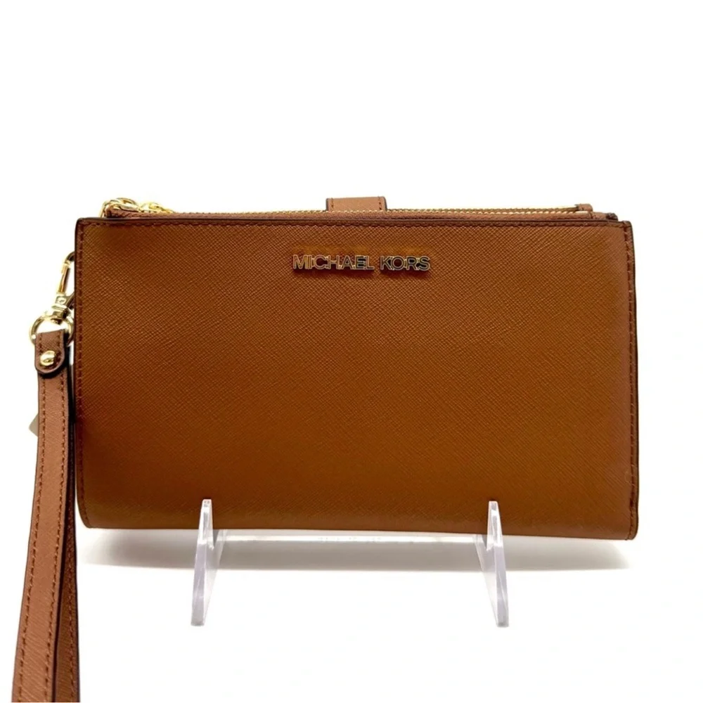 Michael Kors Large Jet Set Travel Logo Double Zip Wallet Luggage Brown - Picture 2 of 9